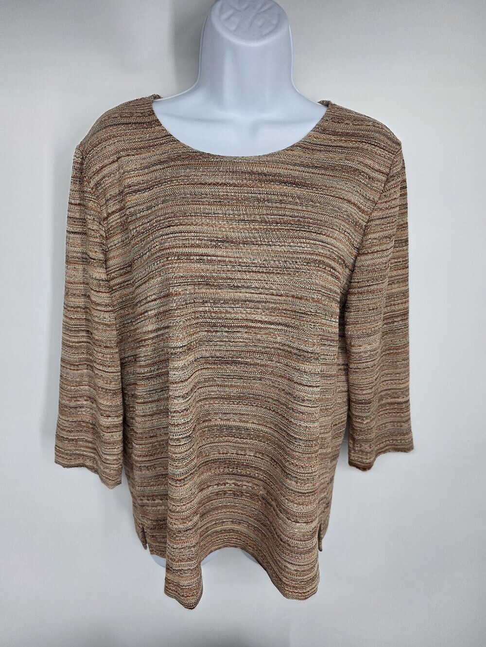 Alfred Dunner Vintage Metallic Space Dye Striped Top Small Brown Tan Knit Shirt